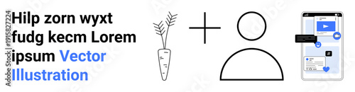 Nutrition, technology, wellness, communication, app design, data sharing. A carrot, a person profile and a smartphone interface with app icons. Wellness and technology integration concept