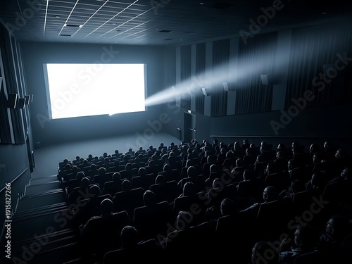 Wide Angle Side View of Crowded Cinema with Light Beam. Generative Ai