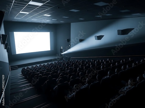 Wide Angle Side View of Crowded Cinema with Light Beam. Generative Ai