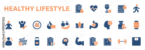 Healthy Lifestyle icon two color style with diet, heart, no alcohol, calorie, activity, meditation icons
