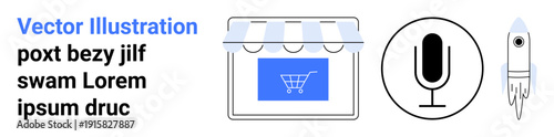 E-commerce, technology, voice commands, innovation, business tools, futuristic ideas. ion of a storefront, microphone and rocket icon. E-commerce and voice recognition visually