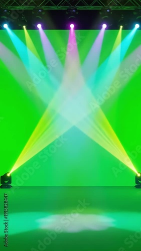Green Screen dj stage lights on background light beams spotlights chroma key 4k video effect copy space scene 2 with distortion, overlay, glitch, static noise, scan lines black background, animated