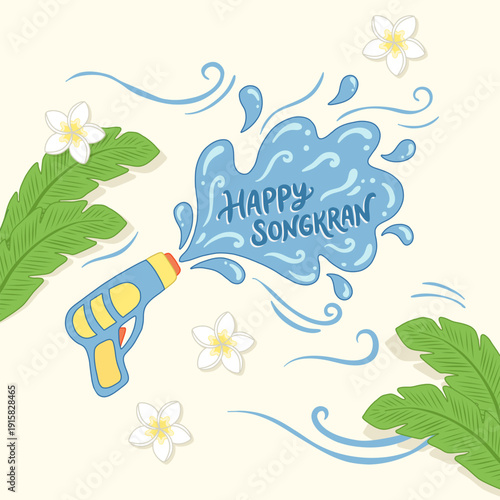 Water gun shooting Happy Songkran with palm leaves and frangipani flowers