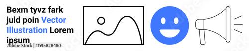 Communication tools, emotional expression, digital interaction, media promotion, branding, marketing. A simple graphic an image icon, happy face and megaphone. Communication tools and emotional