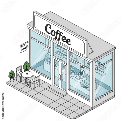 Isometric illustration of a modern coffee shop exterior with outdoor seating.