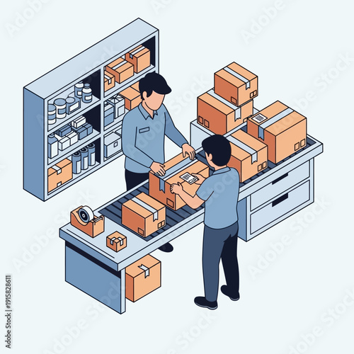 Warehouse workers packing and shipping cardboard boxes.