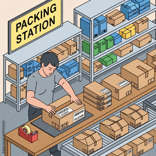 Warehouse worker packing boxes at a packing station with shelves of inventory.