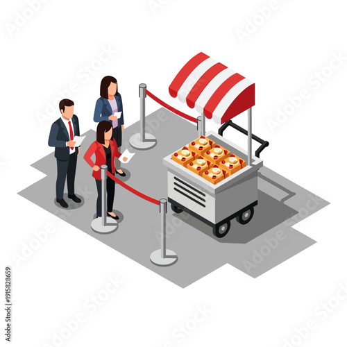 Isometric illustration of people queuing at a food cart with red and white striped canopy.