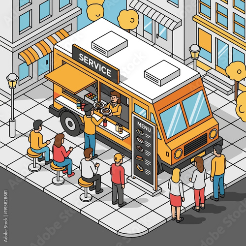 Vibrant street food truck serving customers on a bustling city sidewalk.