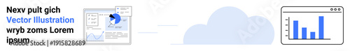 Data analysis, cloud computing, business reports, digital storage, technology trends, information systems. Cloud connecting two charts with graphs. Data analysis and cloud computing concept