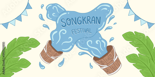 Wooden buckets pouring water songkran festival lettering