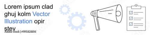 Communication, workflow management, strategic planning, teamwork, task organization, effective messaging. A megaphone, gears, and checklist communication and workflow management concepts