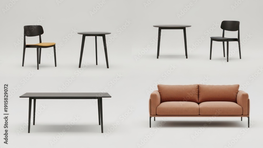 Fototapeta premium Set of modern furniture including chairs, tables and sofa against a neutral background