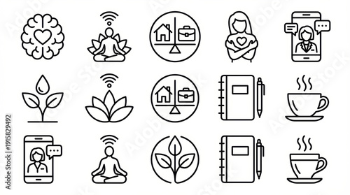 Editable stress homework mental collage anxiety therapy support meditation icon set brain heart yoga balance plant notebook video call coffee Mental Health Management