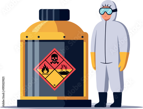 Hazmat Worker with Hazardous Chemical Container and Safety Symbols