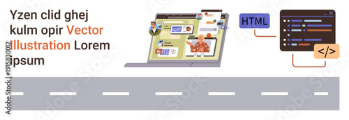 Web development, programming, design, technology, education, workflow management. A laptop showing a digital workspace and code snippets. Web development and programming concept