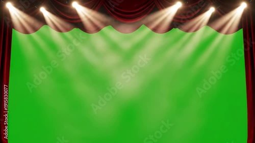 Green Screen red curtain with spotlight opening scene 2 distortion, overlay, glitch, static noise, scan lines on black background, 4k animated video loop