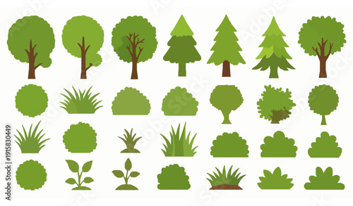 Cartoon trees bushes and plants flat vector nature set