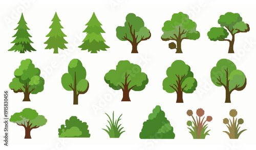 Stylized cartoon vegetation trees and shrubs vector collection