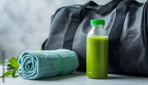 A green juice bottle and gym bag with a rolled towel, symbolizing a healthy lifestyle and fitness routine.