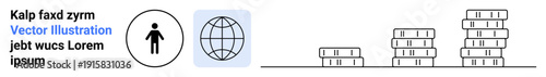 Finance, business trends, global economy, saving money, investment strategy, wealth. Image shows a globe, human figure icon and stacks of coins. Global economy and finance concepts
