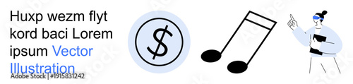Financial literacy, music learning, creative concepts, education, monetary expression, artistic communication. Features dollar symbol, music notes and a person gesturing. Financial literacy