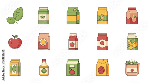 Set of Flat Design Icons for Packaged Food, Dairy, and Beverage Products