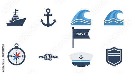 Maritime and Naval Icons Set Exploring Sea Adventure, Navigation, and Ocean Concepts