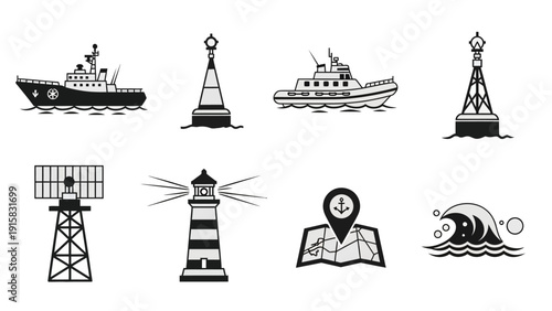 Nautical and Marine Navigation Elements Icon Set Ships, Boats, Lighthouses, Buoys, and Waves