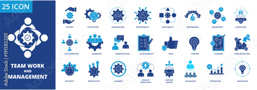 Team Work And Management icon collection set. Containing collaboration, leadership, communication, coordination, accountability, trust, strategy . dual tone vector.