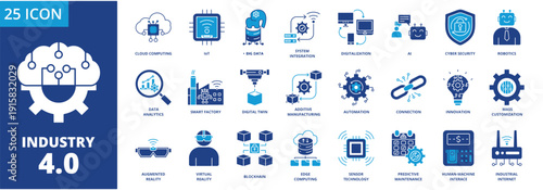 Industry 4.0 icon collection set. Containing Automation, connection,cloud computing, Internet of Things  (iot) , big data, system integration . dual tone vector.