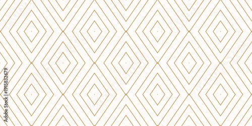 Golden vector minimalist geometric texture. Luxury seamless pattern with linear diamonds, rhombuses, thin lines. Abstract gold minimal grid ornament. Art deco style background. Repeated modern design