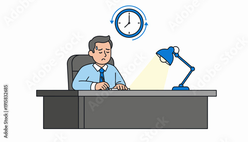 Man sitting at desk with clock and lamp working on task.