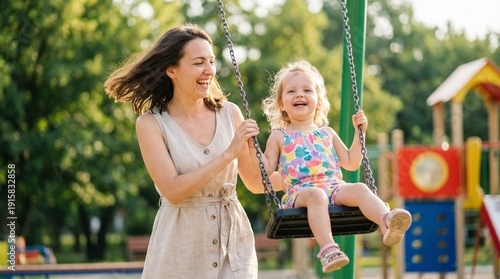 Joyful Playground Moment: A mother lovingly pushes her child on a swing set at a vibrant outdoor playground, a testament to the bond of parenthood.