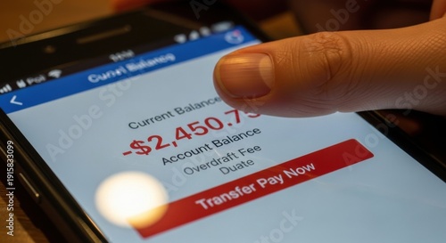A person's finger hovers over a smartphone screen displaying a current account balance with a significant overdraft fee.