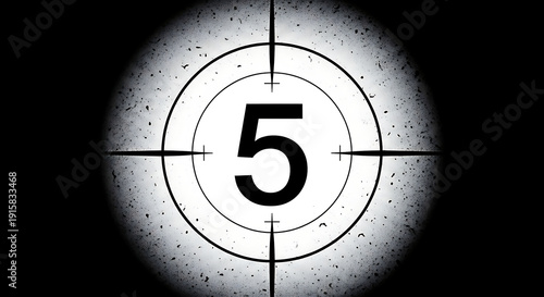 grungy film countdown with number five in a circular scope perfect for vintage movie intros retro cinema themes and suspenseful project openings.