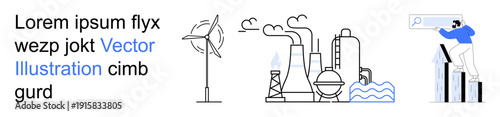 Renewable energy, pollution control, environmental awareness, industrial impact, sustainable development, clean energy. Wind turbine, industrial facilities person analyzing data. Renewable energy