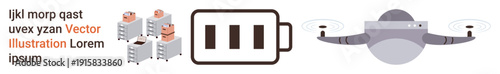 Energy storage, quadcopter delivery, data centers, technology, renewable energy, logistics. Battery icon, server racks flying Quadcopter. Energy storage and drone delivery concepts in modern tech