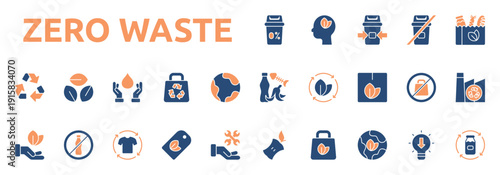 Zero Waste icon two color style with zero waste bin, eco thinking, waste sorting, no waste, eco groceries, organic waste, sustainability icons