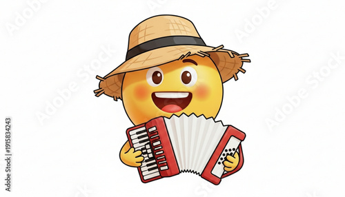 Cheerful cartoon character playing red accordion with straw hat on