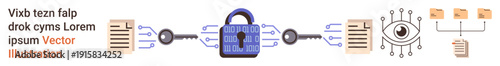 Cybersecurity, data protection, encryption, surveillance, digital security, online privacy. Central padlock connects to files, circuits and an eye. Cybersecurity and data protection concepts