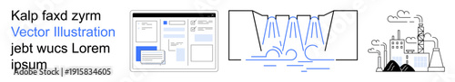 Industrial sustainability, water conservation, energy production, urban facilities, ecological systems, water management. Hydroelectric dam flows and factory illustration. Water conservation
