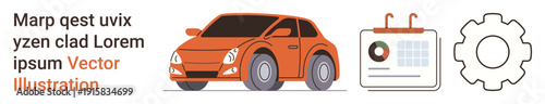 Transportation, scheduling, planning, car services, technology, automation. An orange car, a calendar with a chart and a gear icon. Transportation and scheduling visual concept