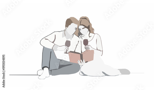 Minimal Line Art Newlywed Couple with Wine and Coloring Book Vector Illustration