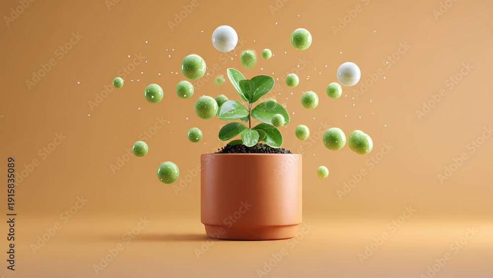 Fototapeta premium Creative plant in terracotta pot with floating green spheres on orange background