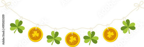 Vector garland for St. Patrick's Day isolated on white background.  Festive decoration made of gold coins and green clover