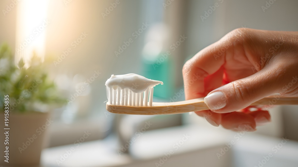 Naklejka premium A close-up image of a hand holding a bamboo toothbrush with toothpaste, showcasing a sustainable lifestyle. The soft morning light creates a warm atmosphere, promoting dental care.
