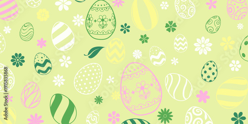 Easter background with pastel green, pink, yellow, and white eggs and flowers on light green background.