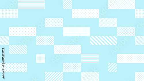 ミントブルーのデジタルなドットとストライプ柄の四角形のパターン背景