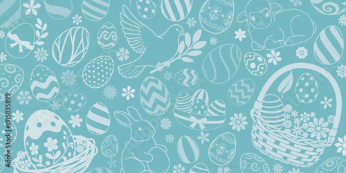 Easter background with white eggs, bunnies, and flowers on light blue, pastel colors, festive holiday design.